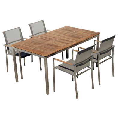 Gartengarnitur Edelstahl Teak Tisch 160x90 cm + 4 Sessel Batyline KUBA-BRAUN