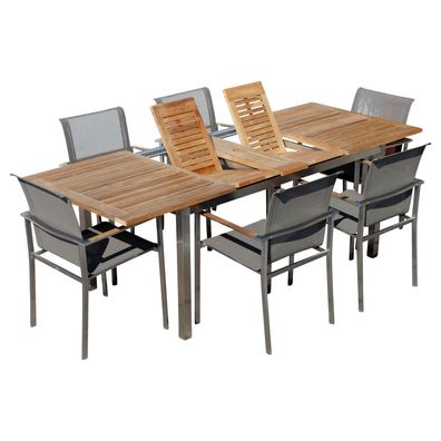 Gartengarnitur Edelstahl Teak Ausziehtisch 160/220x90 cm + 6 Sessel Batyline