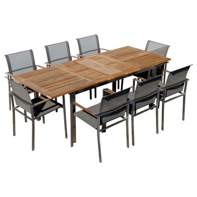 Gartengarnitur Edelstahl Teak Ausziehtisch 160/220x90 cm + 8 Sessel Batyline