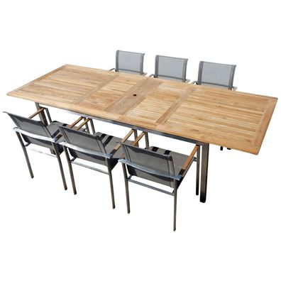Gartengarnitur Edelstahl Teak Set: Ausziehtisch 200/240/280 + 6 Sessel Batyline