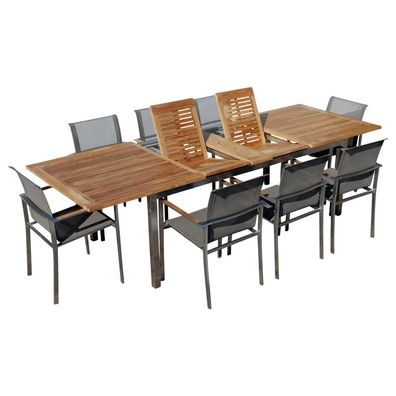 Gartengarnitur Edelstahl Teak Ausziehtisch 200-280x100 cm + 8 Sessel Batyline