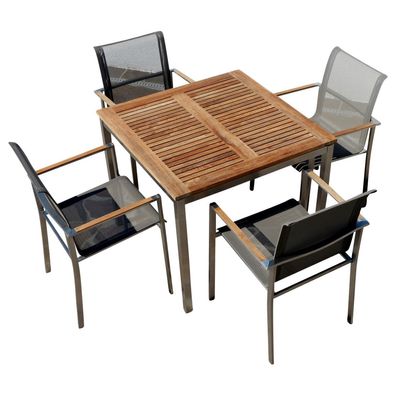 Gartengarnitur Edelstahl Teak Tisch 90x90 cm + 4 Sessel Serie KUBA-BRAUN