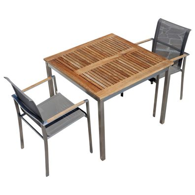 Gartengarnitur Edelstahl Teak Tisch 90x90 cm + 2 Sessel Serie KUBA-BRAUN