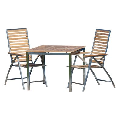 Gartengarnitur Edelstahl Teak Set: Tisch 90x90 cm + 2 Hochlehner 1A - Teak Holz