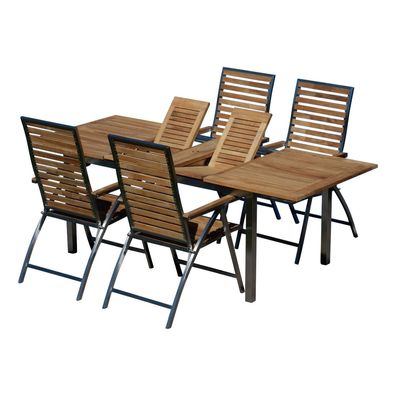 Gartengarnitur Edelstahl Teak Set Tisch 160/220 x 90 cm + 4 Hochlehner Teak Holz