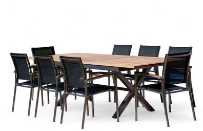 Gartengarnitur Edelstahl Teak Set: Ausziehtisch 200-260x100 cm + 8 Sessel Kuba
