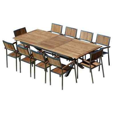 Gartengarnitur Edelstahl Teak Set: Ausziehtisch 200-260x100 cm + 10 Sessel KubaT