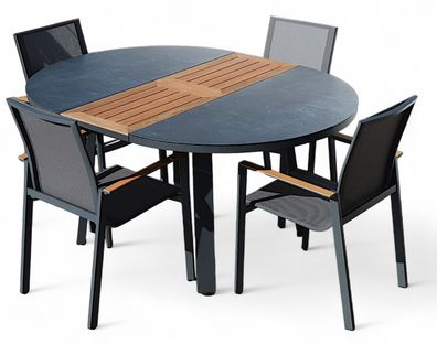 ALEOS. Gartengarnitur Alu TEAK Set: Tisch 120-160cm ausziehbar + 4 Stapelstühle