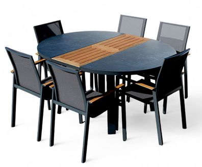 ALEOS. Gartengarnitur Alu TEAK Set Tisch 120-160cm ausziehbar + 6 Stapelstühle