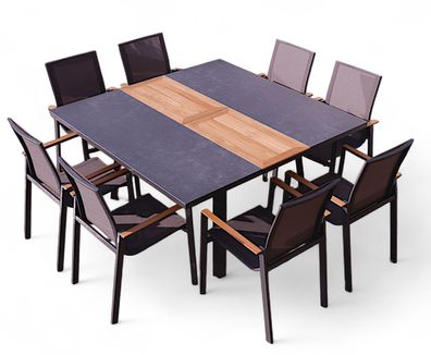 ALEOS. Gartengarnitur Alu TEAK Tisch 150x110-150cm ausziehbar + 8 Stapelstühle
