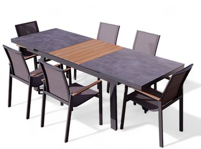 ALEOS. Gartengarnitur Alu TEAK Set Tisch 180-240x90cm ausziehbar + 6 Stapelstühle