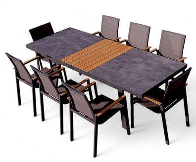 ALEOS. Gartengarnitur Alu TEAK Set Tisch 180-240x90cm ausziehbar + 8 Stapelstühle