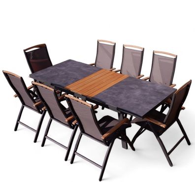 ALEOS. Gartengarnitur Alu TEAK Set Tisch 180-240x90cm ausziehbar + 8 Hochlehner