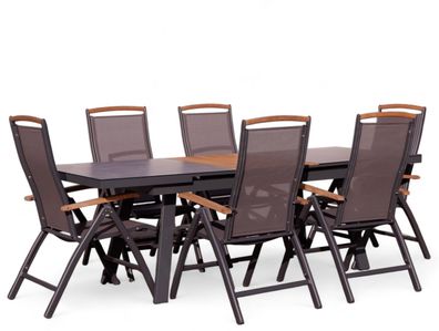 ALEOS. Gartengarnitur Alu TEAK Set Tisch 180-240x90cm ausziehbar + 6 Hochlehner