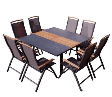 ALEOS. Gartengarnitur Alu Teak Tisch quadrat. 150x110-150cm ausziehbar + 8 Hochlehner
