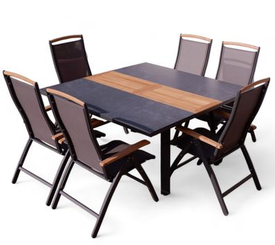 ALEOS. Gartengarnitur Alu TEAK Tisch quadrat 150x110-150cm ausziehbar + 6 Hochlehner