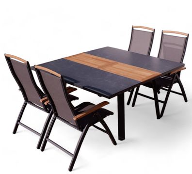 ALEOS. Gartengarnitur Alu TEAK Set Tisch 150x110-150cm ausziehbar + 4 Hochlehner