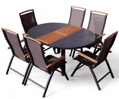 ALEOS. Gartengarnitur Alu TEAK Set Tisch 120-160cm ausziehbar + 6 Hochlehner