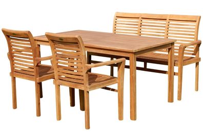 TEAK Gartengarnitur Gartentisch 150x80 cm + Bank 150 cm + 2 Sessel ALPEN Holz