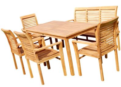 TEAK SET Gartengarnitur TISCH 150x80 cm + 1 Bank 150 cm + 4 Sessel ALPEN Holz