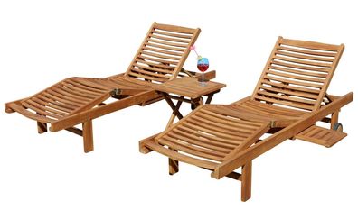 2x ECHT TEAK Sonnenliege Gartenliege Strandliege Holzliege COZY + 1x TISCH 45x45