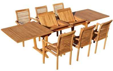 TEAK SET: Gartengarnitur Tobago Tisch 200/250/300cm x 100cm + 6 Alpen Sessel JAV