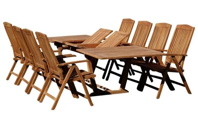 TEAK SET: Gartengarnitur Tisch 200/250/300cm x 100cm + 8 Sessel Serie JAV-Tobago