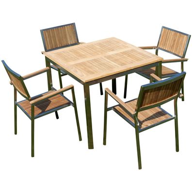 Gartengarnitur Edelstahl Teak Set: Tisch 90x90 cm + 4 Teak Sessel Serie KUBA
