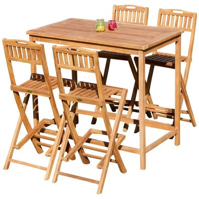 BAR-SET - TEAK Bartisch Bistrotisch Stehtisch 120x70cm mit 4x Barhocker klappbar