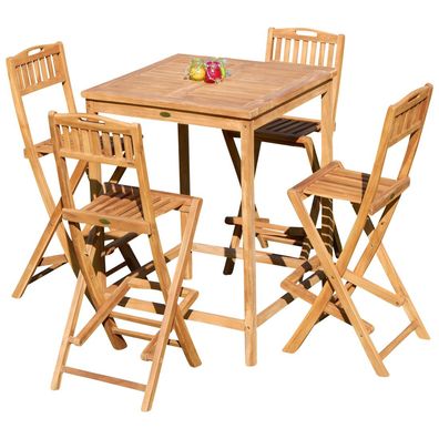 BAR-SET - TEAK Bartisch Bistrotisch Stehtisch 80x80cm mit 4x Barhocker klappbar