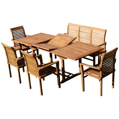 TEAK Gartengarnitur Ausziehtisch 150-210cm x 90cm + 4 Alpen Sessel, 1 Bank 150cm