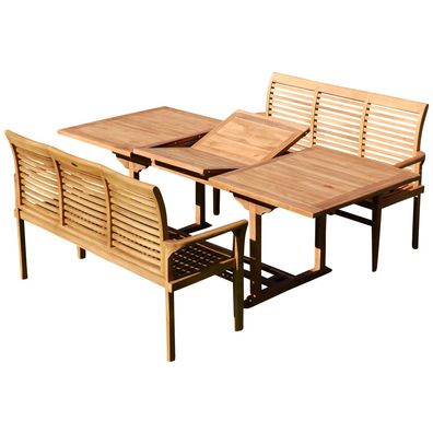 TEAK Set Gartengarnitur Ausziehtisch 150-210cm x 90cm + 2 Bänke 150cm Holz JAV