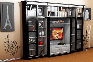 Casa Padrino Luxus Wohnzimmer Schrankwand Schwarz / Weiß B 372 x H 255 cm Bücherregal
