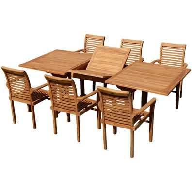 Teak Gartengarnitur Tobago Tisch 180-240 x 100cm + 6 Alpen Sessel JAV