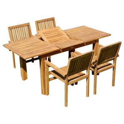 Teakholz SET Gartengarnitur Gartentisch 130-180x80cm + 4 Miami Sessel stapelbar