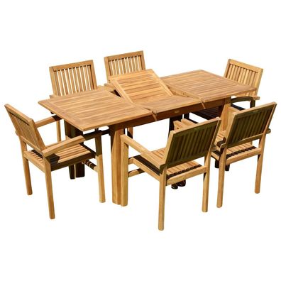 Teakholz SET Gartengarnitur Gartentisch 130-180x80cm + 6 Miami Sessel stapelbar