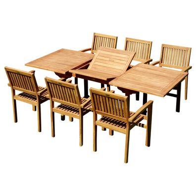 TEAK Set 7-tlg. Gartengarnitur Ausziehtisch 150-210cm x 90cm + 6 Stapel Sessel
