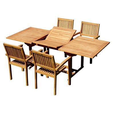 TEAK Set 5-tlg. Gartengarnitur Ausziehtisch 150-210cm x 90cm + 4 Stapel Sessel