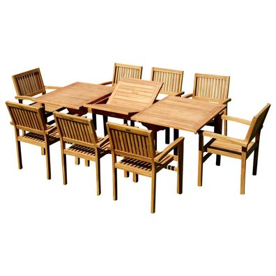 TEAK Set 9-tlg. Gartengarnitur Ausziehtisch 150-210cm x 90cm + 8 Stapel Sessel