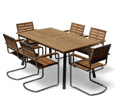 Gartengarnitur Edelstahl Teak Set: Tisch 160x90 cm + 6 Schwingsessel A-Grade