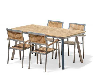 Gartengarnitur Edelstahl Teak Set Tisch 160x90cm + 4 Stapelsessel A-Grade Teak