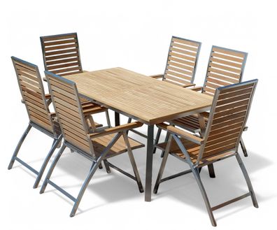 Gartengarnitur Edelstahl Teak Set: Tisch 160x90cm + 6 Hochlehner A-Grade Teak