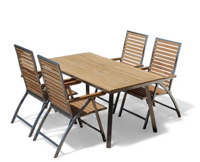 Gartengarnitur Edelstahl Teak Set Tisch 160x90cm + 4 Hochlehner A-Grade Teak
