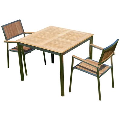 Gartengarnitur Edelstahl Teak Set Tisch 90x90 cm + 2 Teak Sessel Serie KUBA