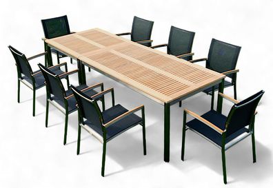 Gartengarnitur Edelstahl Teak Tisch 160x90 cm + 90x90 + 8 Stapelsessel Batyline