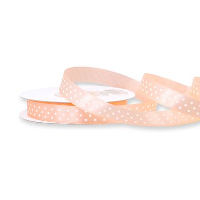 Satinband mit Punkten 12mm x 25m Rolle Apricot / Weiß