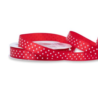 Satinband mit Punkten 12mm x 25m Rolle Rot / Weiß