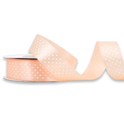 Satinband mit Punkten 25mm x 25m Rolle Apricot / Weiß