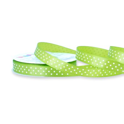 Satinband mit Punkten 12mm x 25m Rolle Hellgrün / Maigrün / Weiß