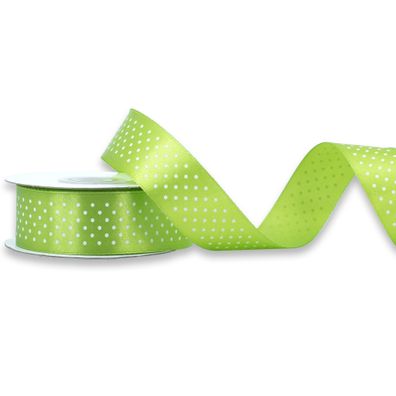 Satinband mit Punkten 25mm x 25m Rolle Hellgrün / Maigrün / Weiß